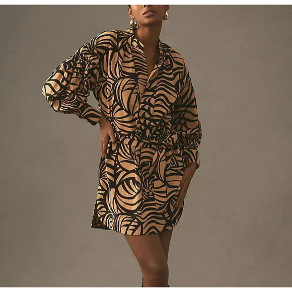 Anthropologie Long Sleeve Printed Tunic Mini Dress Size Large Pockets Belt Boho - Picture 1 of 16